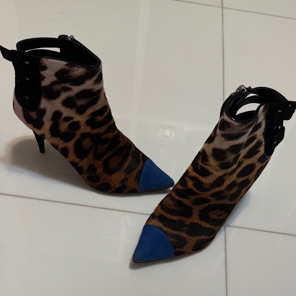 Giuseppe ZANOTTI black blue ANIMAL PRINT PONY HAIR ankle boots 37.5